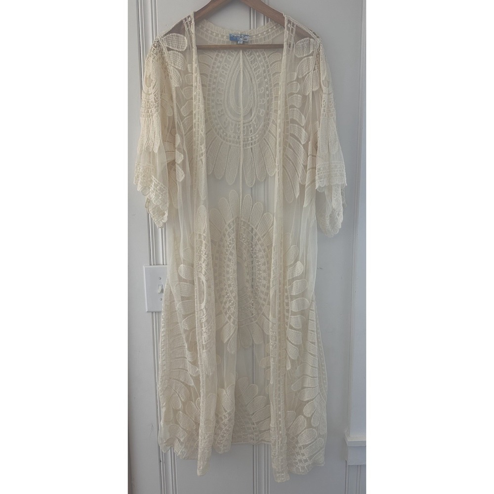 Boho Lace Kimono Duster Cream Sheer Embroidered Festival Beach Cover Up Small